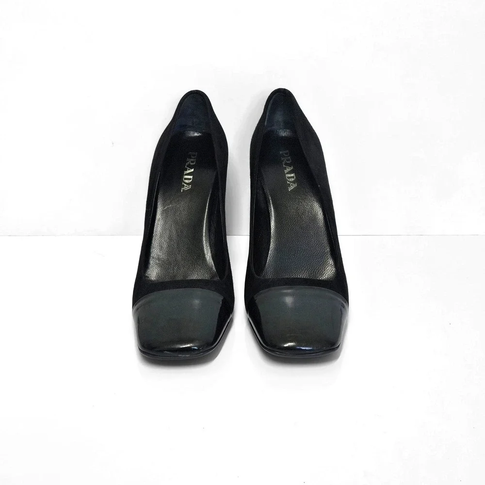 Prada Black Suede Patent Leather Square Toe‎ Block Heel Pumps Silver Accent 36.5